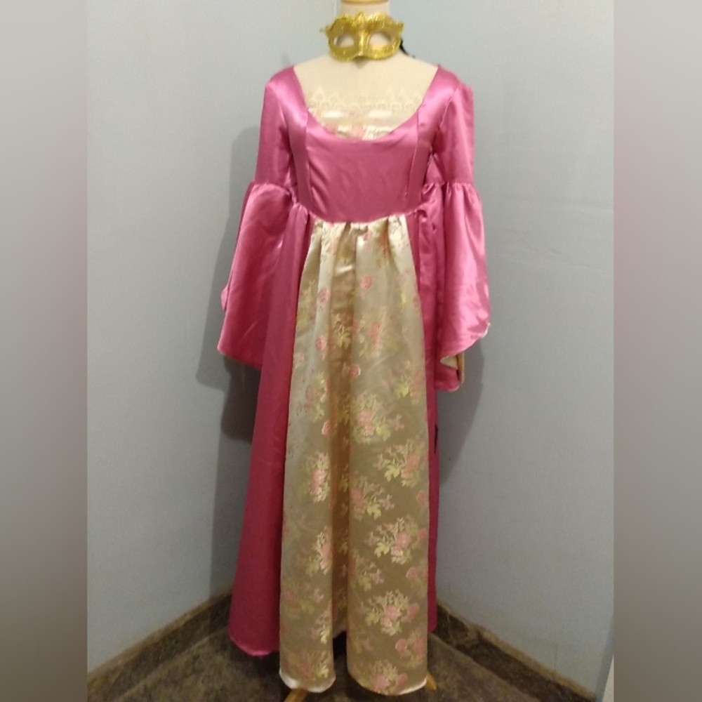 Medieval Renaissance Dress Satin Pink Rose Costume Queen Royal Gown S Cosplay